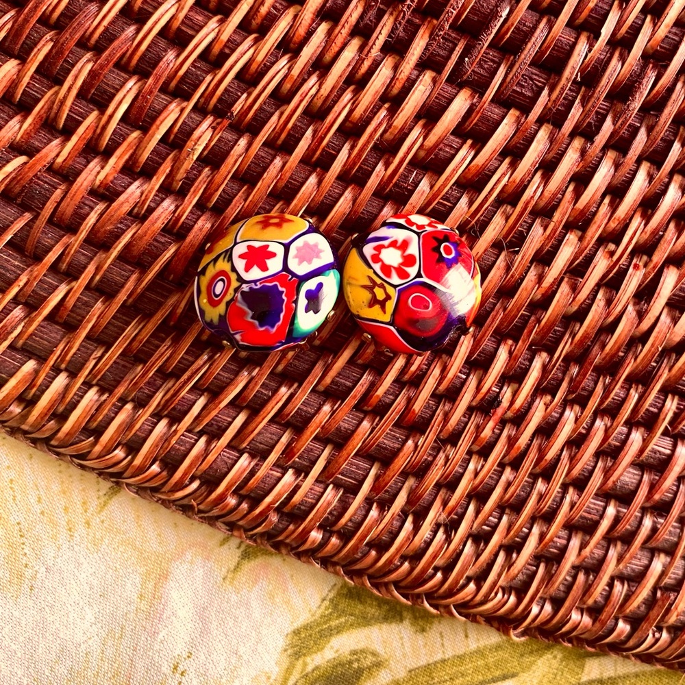 Venetian Millefiori Glass Copper back Clip-on Earrings - Vintage
